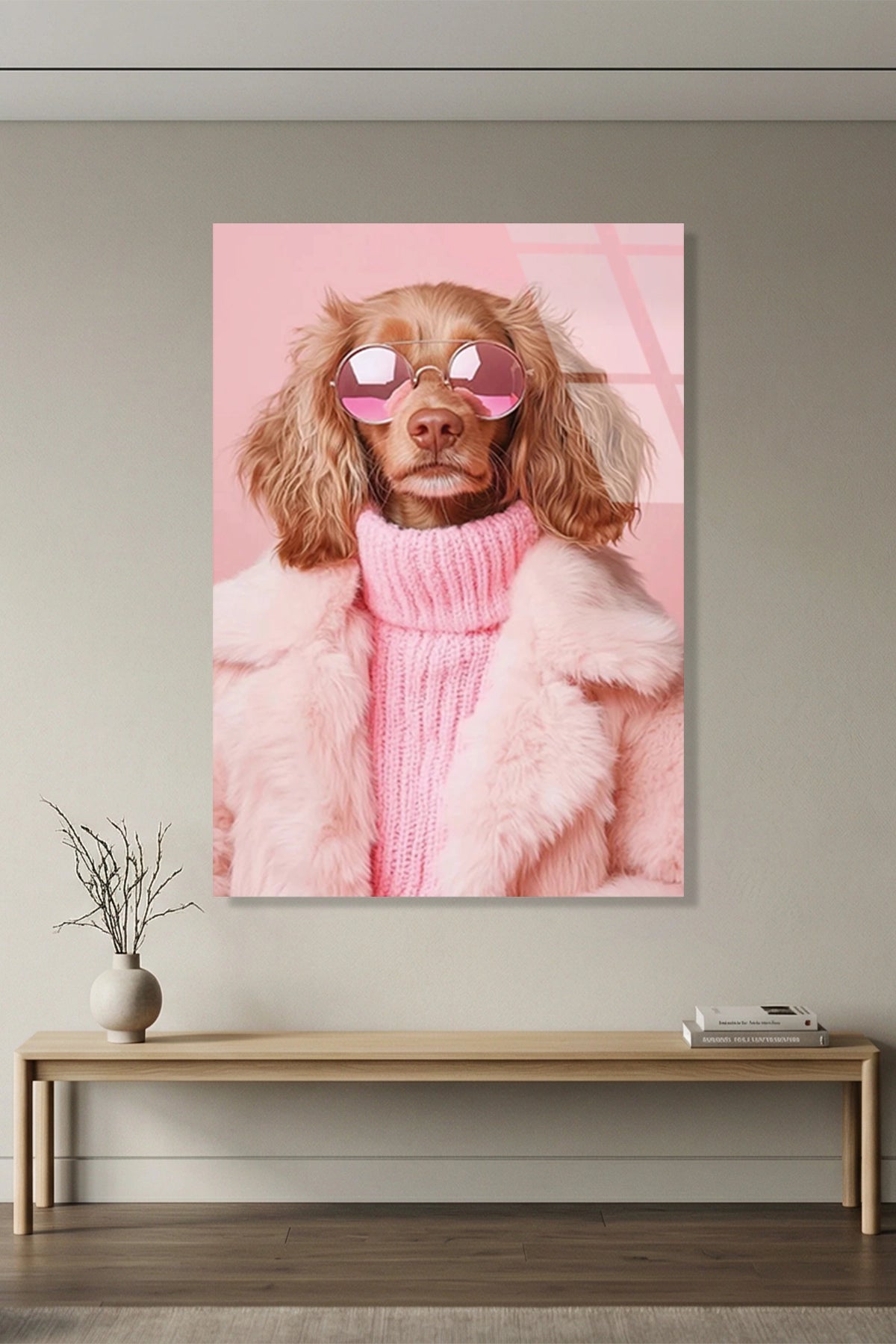 Pembe Kürkü ve Gözlüklü Cool Poodle Köpek Portresi Cam Tablo