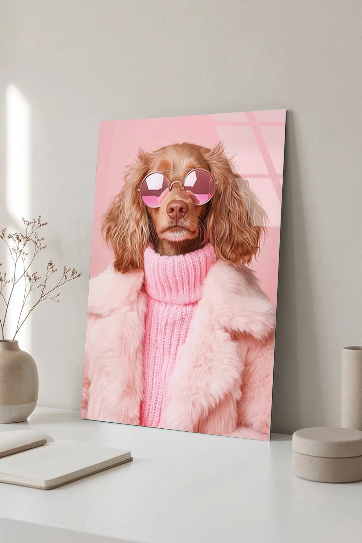 Pembe Kürkü ve Gözlüklü Cool Poodle Köpek Portresi Cam Tablo