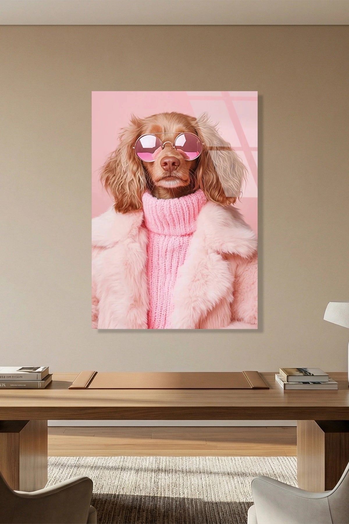 Pembe Kürkü ve Gözlüklü Cool Poodle Köpek Portresi Cam Tablo