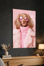 Pembe Kürkü ve Gözlüklü Cool Poodle Köpek Portresi Cam Tablo