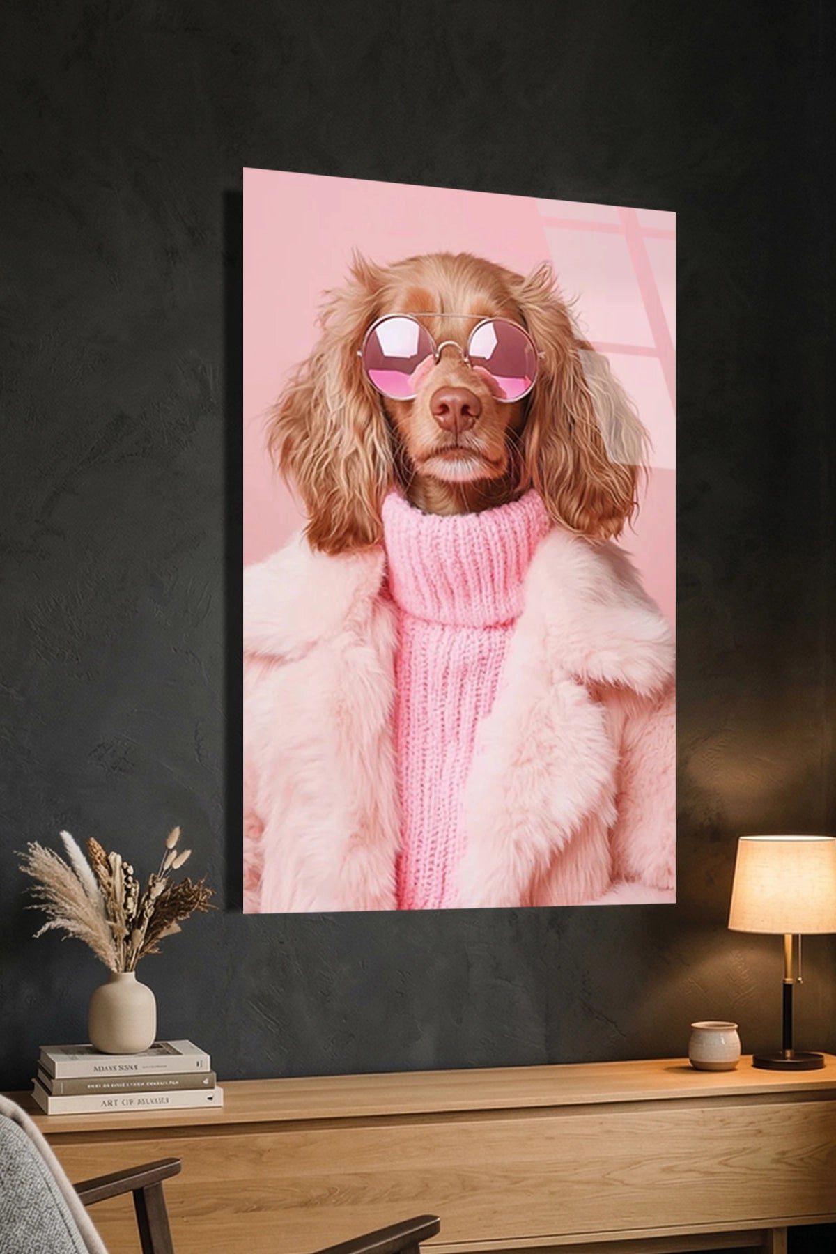Pembe Kürkü ve Gözlüklü Cool Poodle Köpek Portresi Cam Tablo