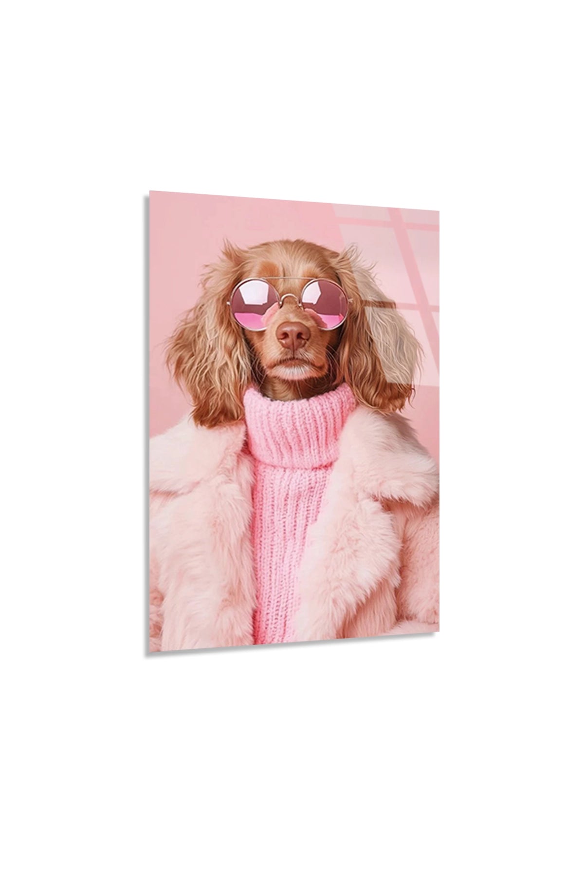 Pembe Kürkü ve Gözlüklü Cool Poodle Köpek Portresi Cam Tablo