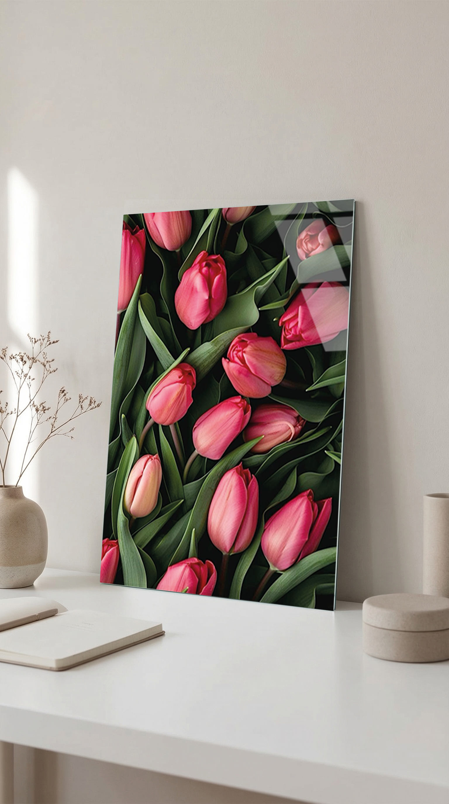 Pembe Laleler Bahar Temalı Cam Tablo | Vitraum