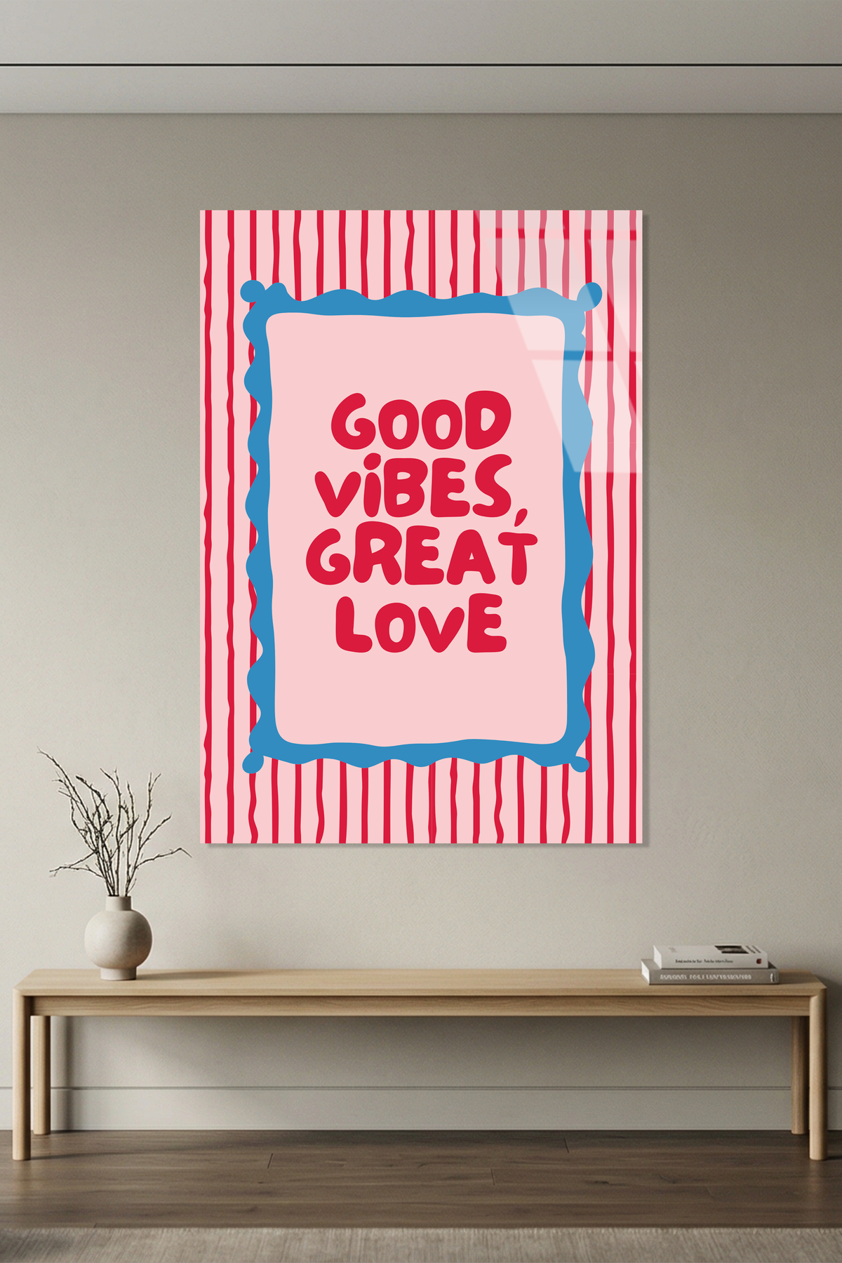 Pembe Mavi "Good Vibes" Tipografik Mottolu Cam Tablo