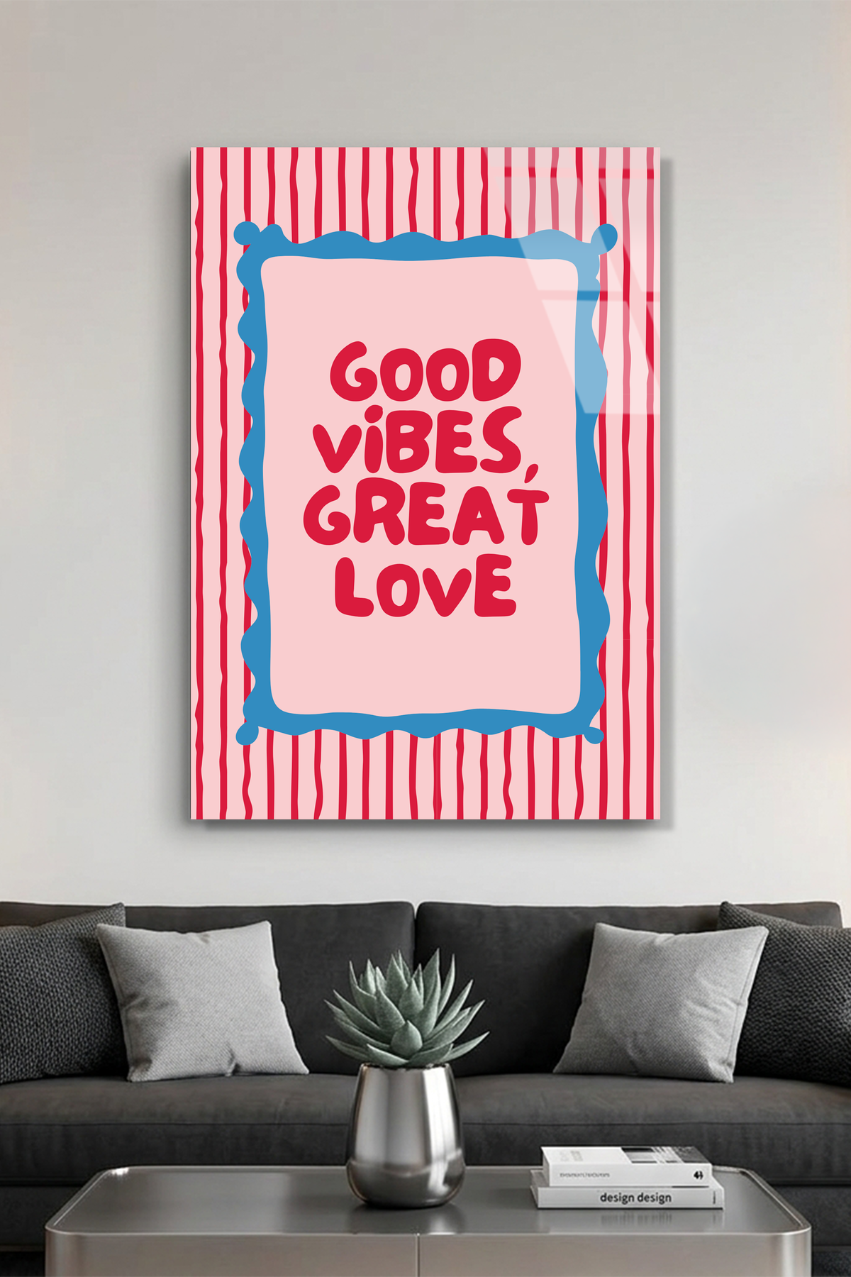 Pembe Mavi "Good Vibes" Tipografik Mottolu Cam Tablo