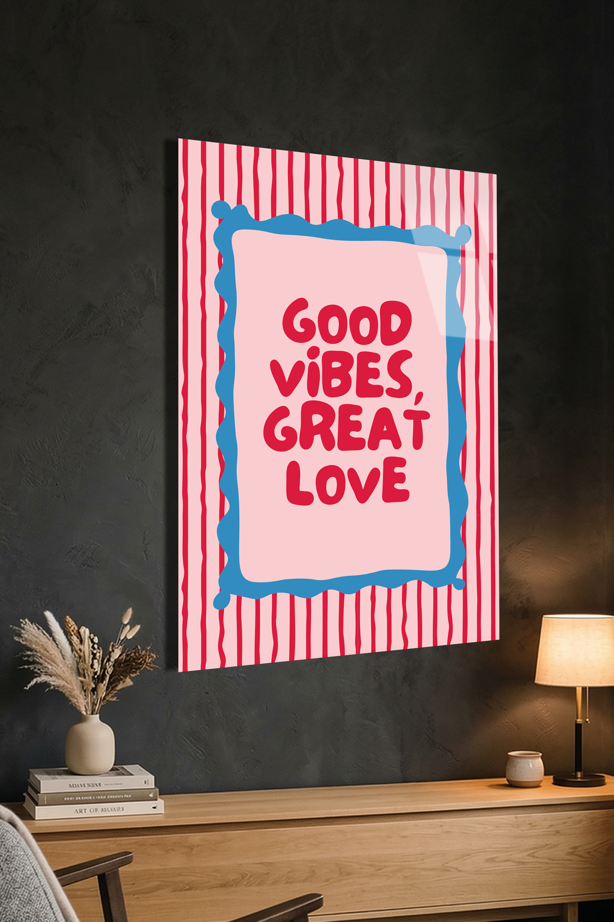 Pembe Mavi "Good Vibes" Tipografik Mottolu Cam Tablo