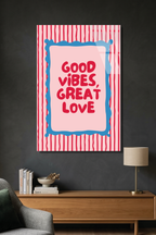 Pembe Mavi "Good Vibes" Tipografik Mottolu Cam Tablo