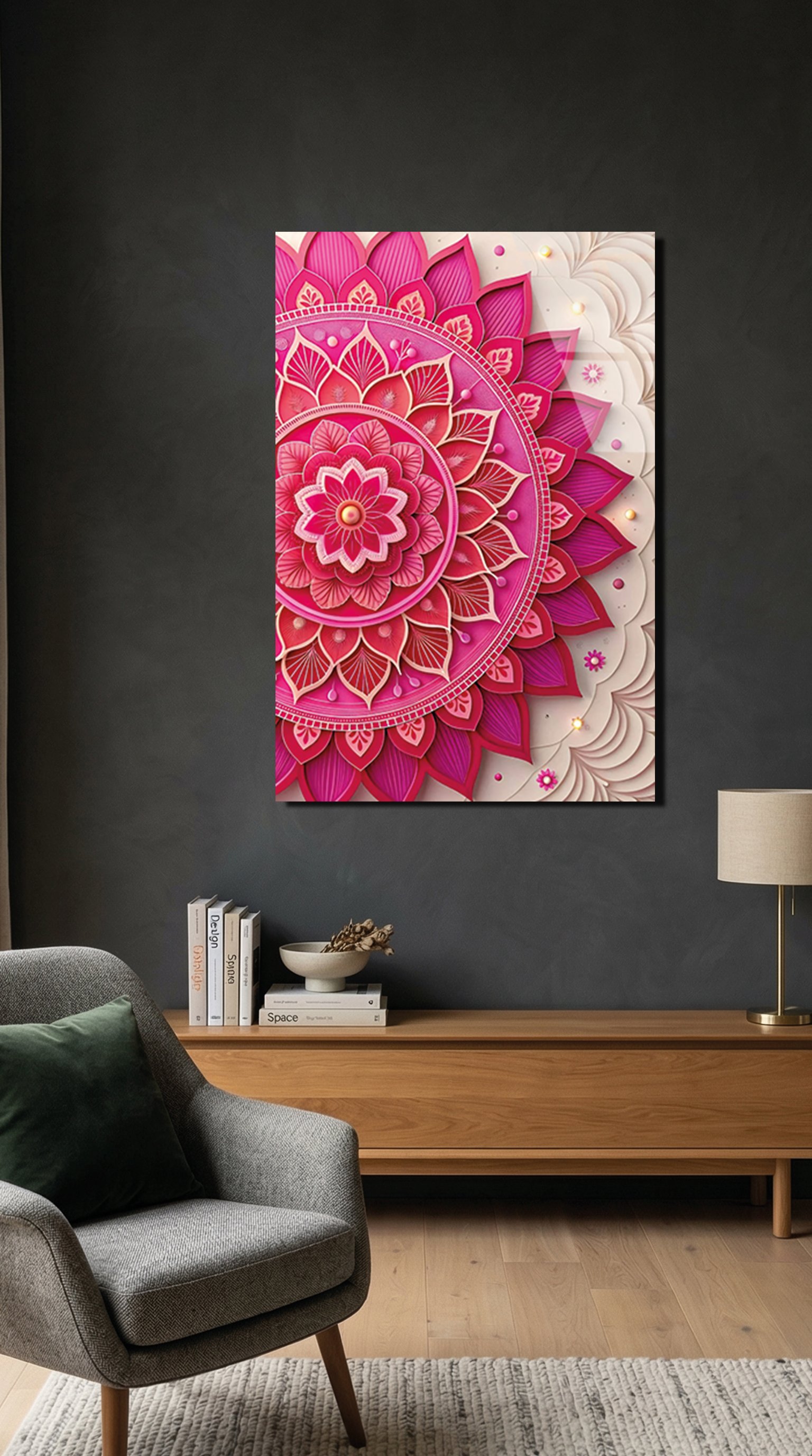Pembe Minimalist Mandala Deseni Cam Tablo