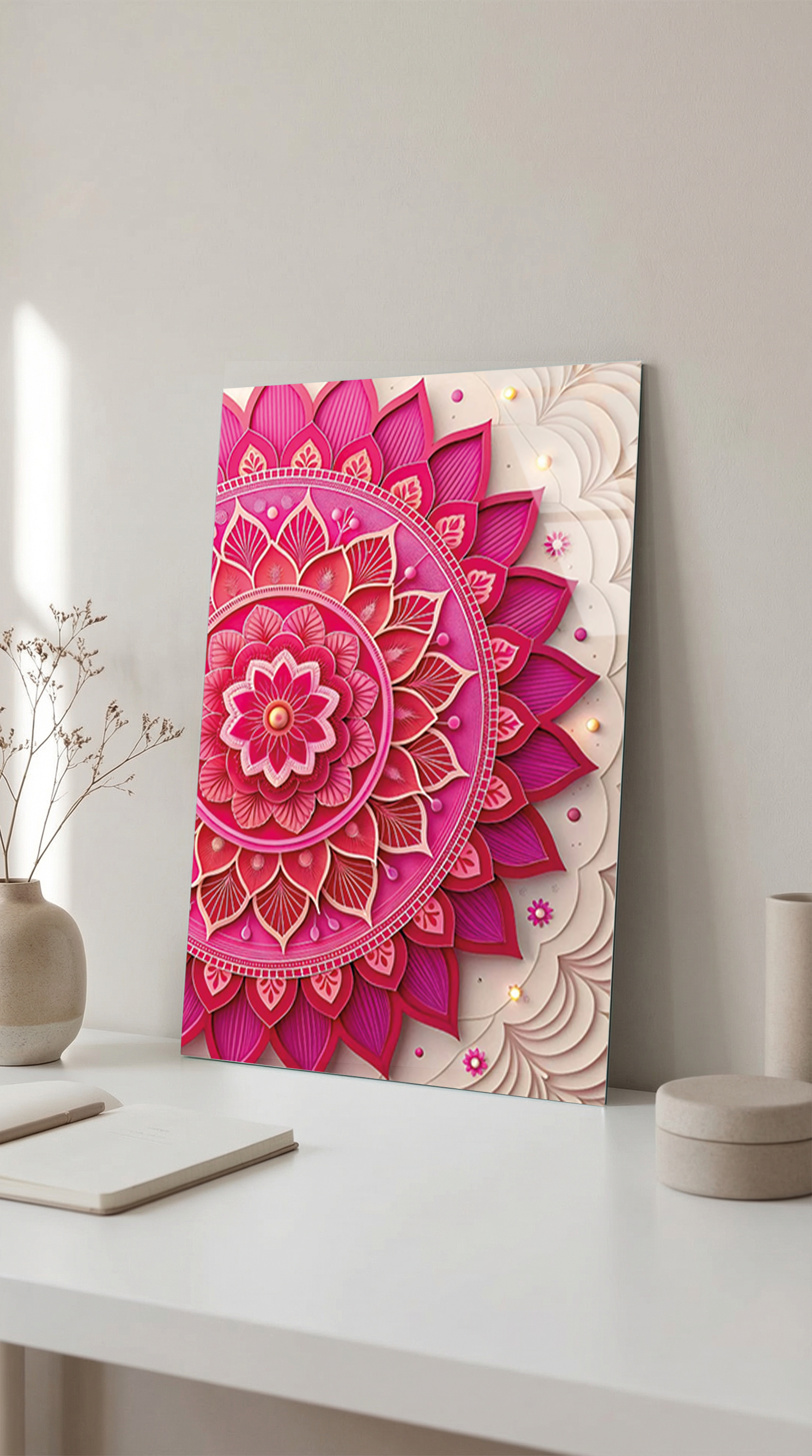 Pembe Minimalist Mandala Deseni Cam Tablo