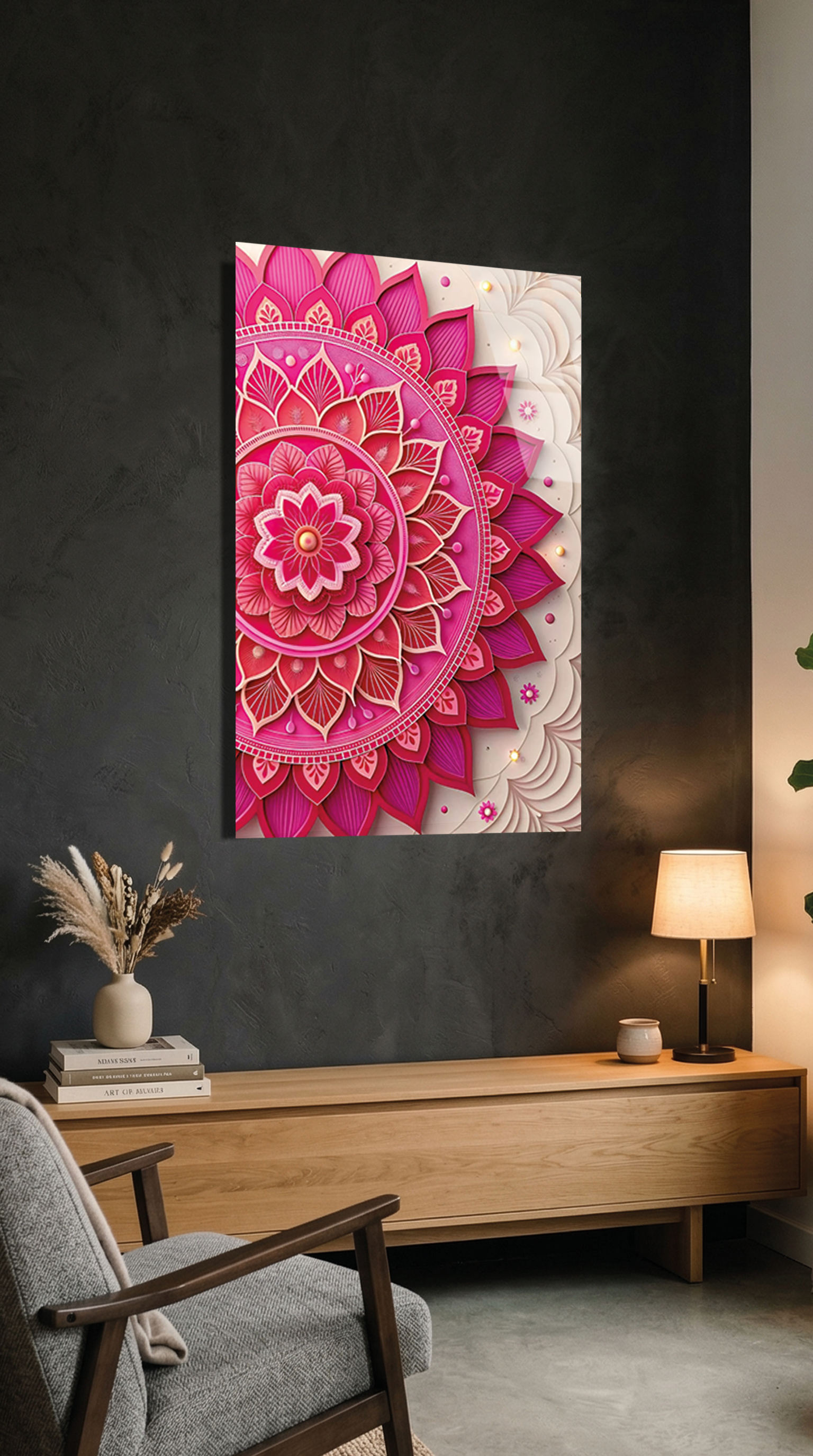 Pembe Minimalist Mandala Deseni Cam Tablo