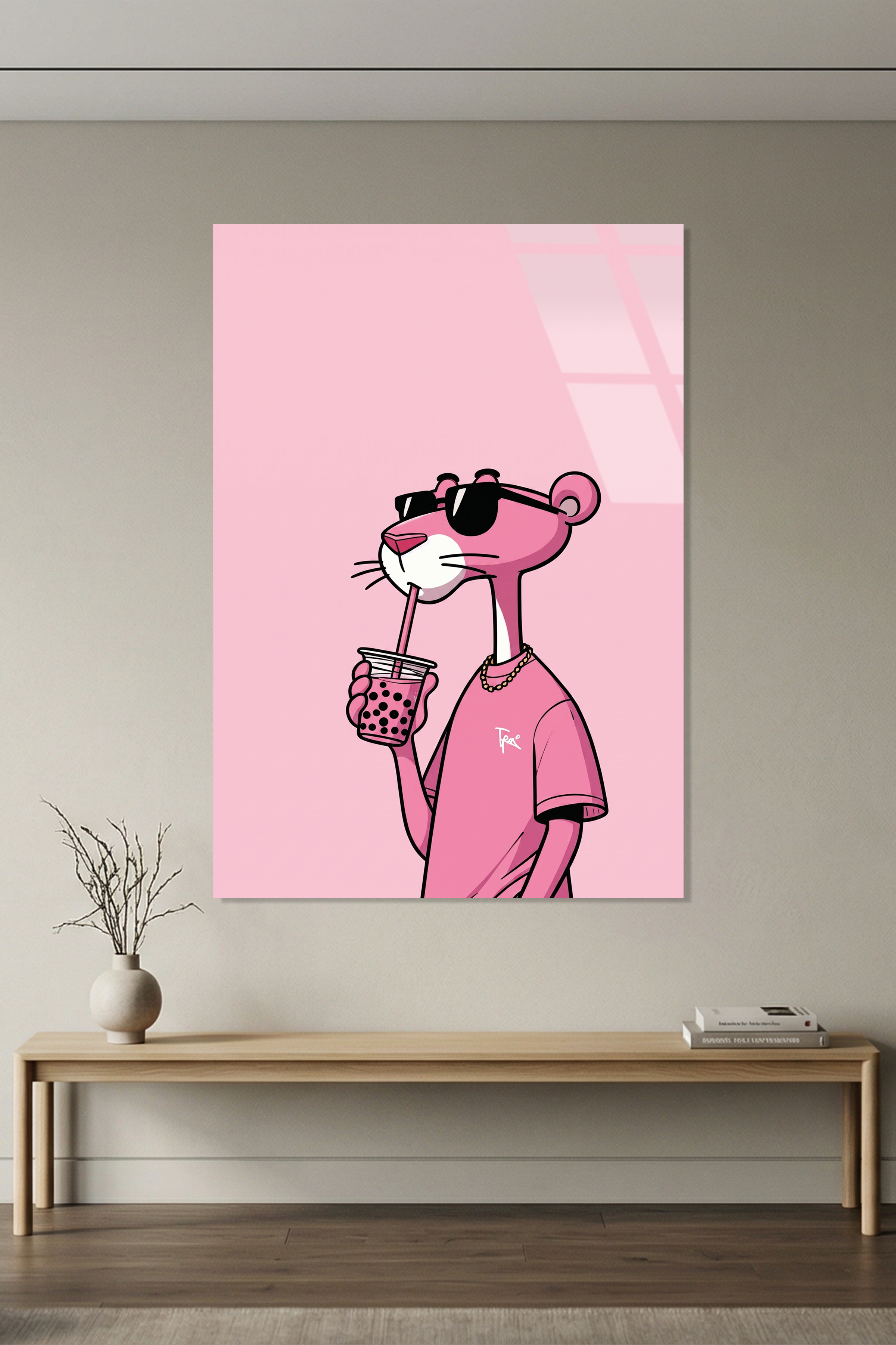 Pembe Panter Tarzı Gözlüklü Karakter Pop Art İllüstrasyon Cam Tablo
