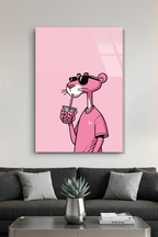 Pembe Panter Tarzı Gözlüklü Karakter Pop Art İllüstrasyon Cam Tablo