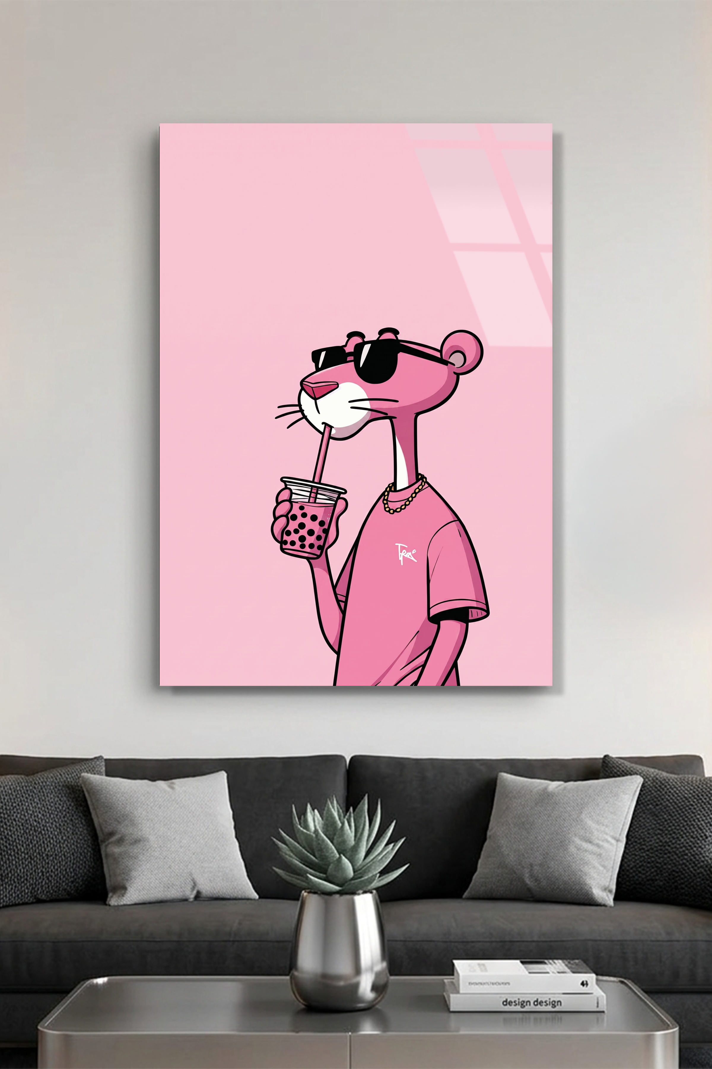 Pembe Panter Tarzı Gözlüklü Karakter Pop Art İllüstrasyon Cam Tablo
