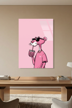 Pembe Panter Tarzı Gözlüklü Karakter Pop Art İllüstrasyon Cam Tablo