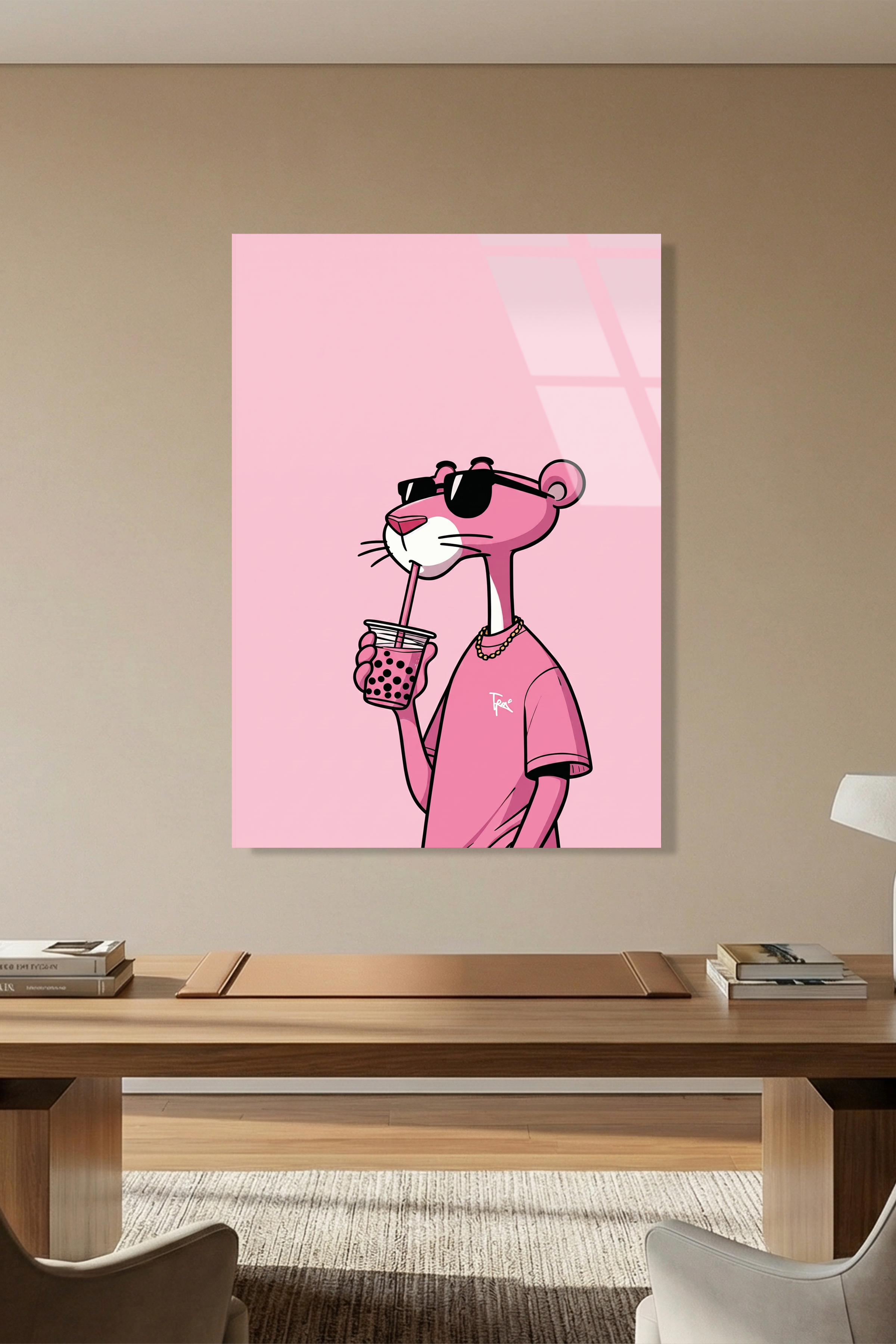 Pembe Panter Tarzı Gözlüklü Karakter Pop Art İllüstrasyon Cam Tablo