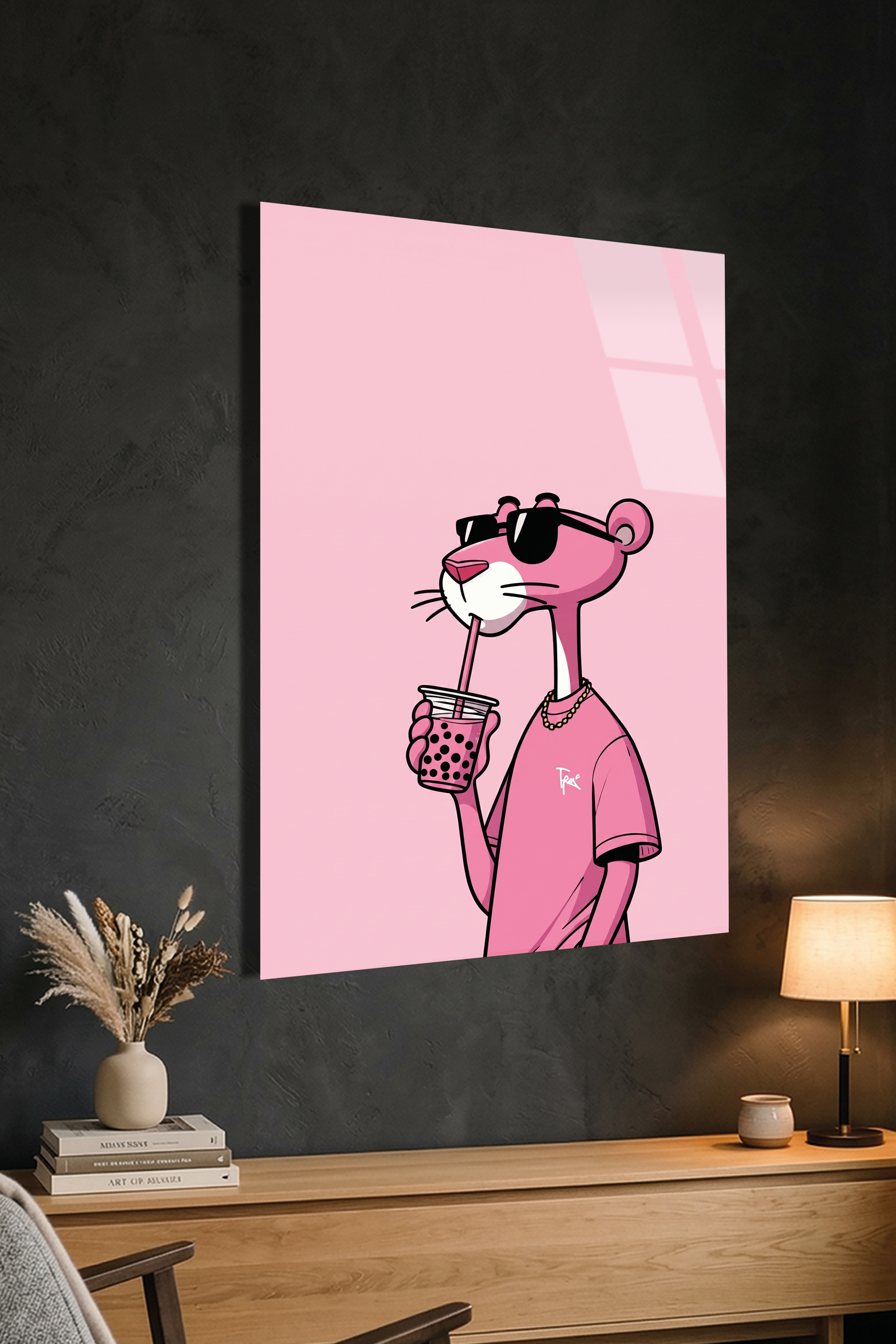 Pembe Panter Tarzı Gözlüklü Karakter Pop Art İllüstrasyon Cam Tablo