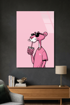 Pembe Panter Tarzı Gözlüklü Karakter Pop Art İllüstrasyon Cam Tablo
