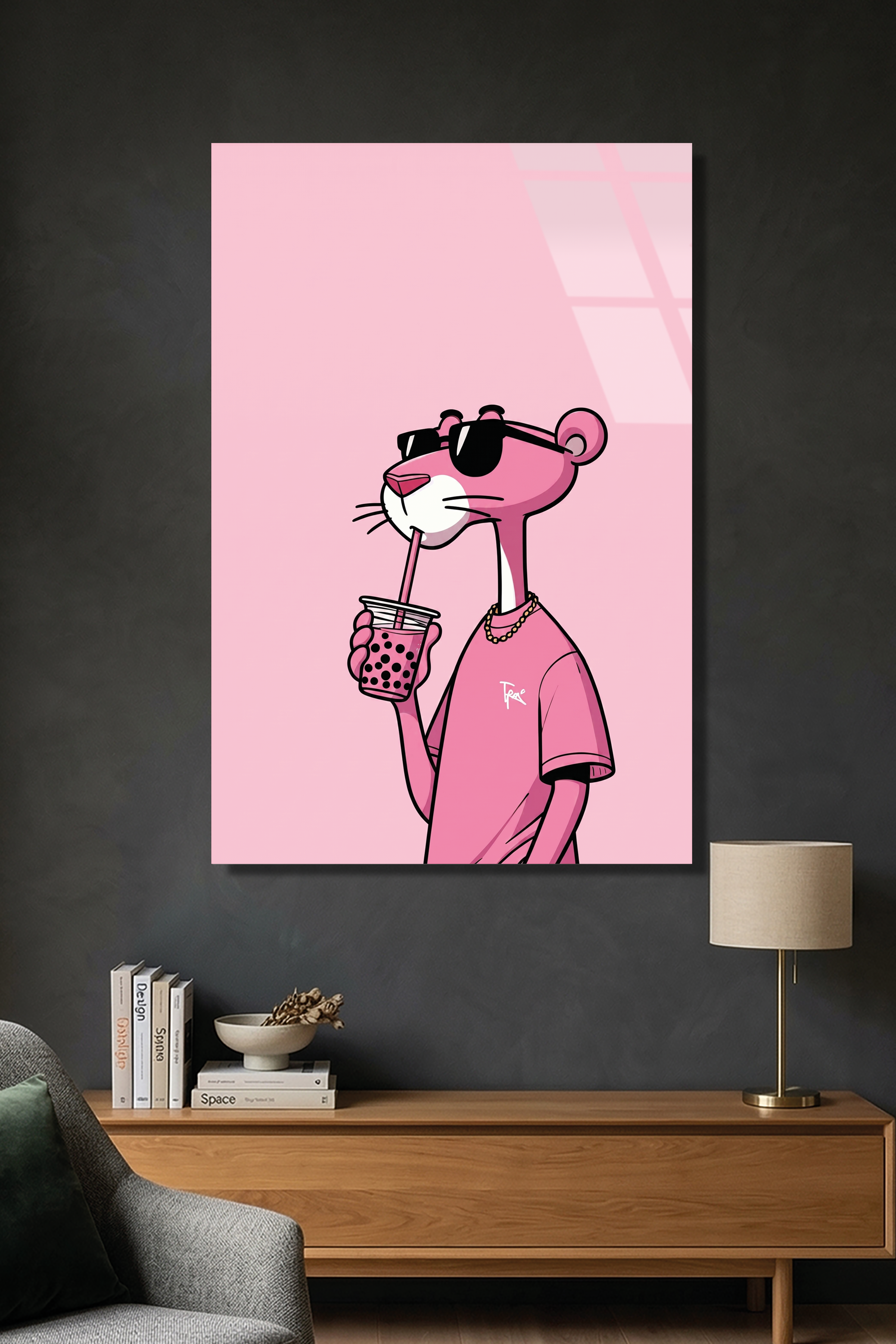 Pembe Panter Tarzı Gözlüklü Karakter Pop Art İllüstrasyon Cam Tablo