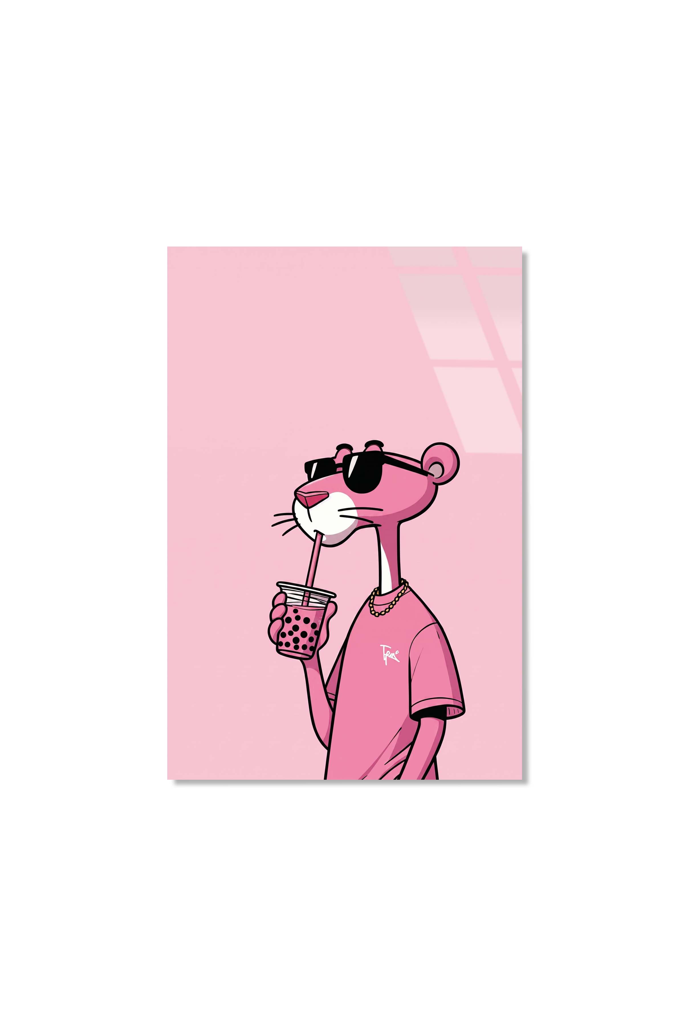Pembe Panter Tarzı Gözlüklü Karakter Pop Art İllüstrasyon Cam Tablo