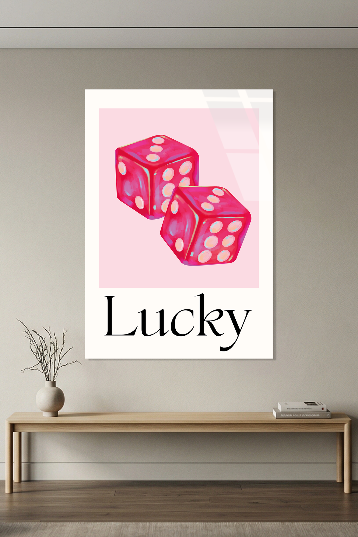Pembe Şans Zarları "Lucky" Görselli Cam Tablo