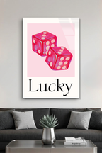 Pembe Şans Zarları "Lucky" Görselli Cam Tablo