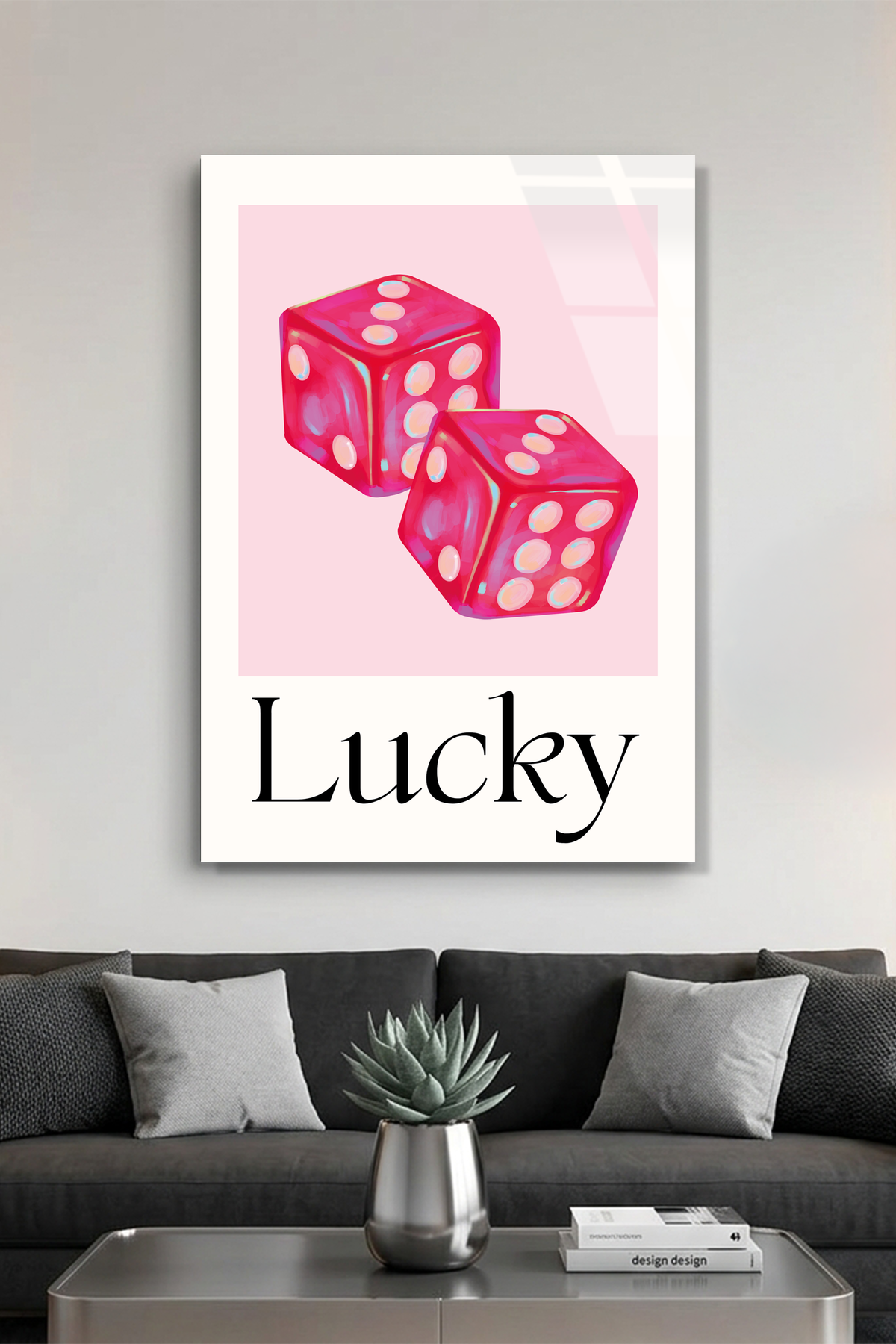 Pembe Şans Zarları "Lucky" Görselli Cam Tablo