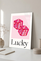 Pembe Şans Zarları "Lucky" Görselli Cam Tablo