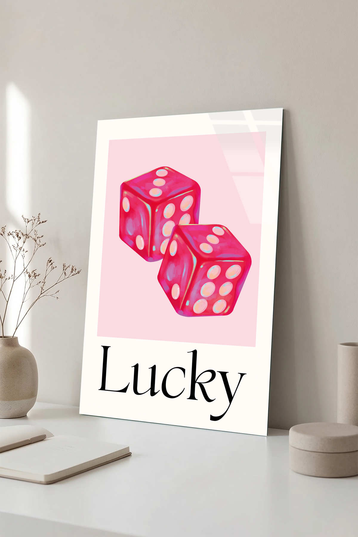 Pembe Şans Zarları "Lucky" Görselli Cam Tablo