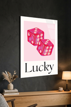 Pembe Şans Zarları "Lucky" Görselli Cam Tablo