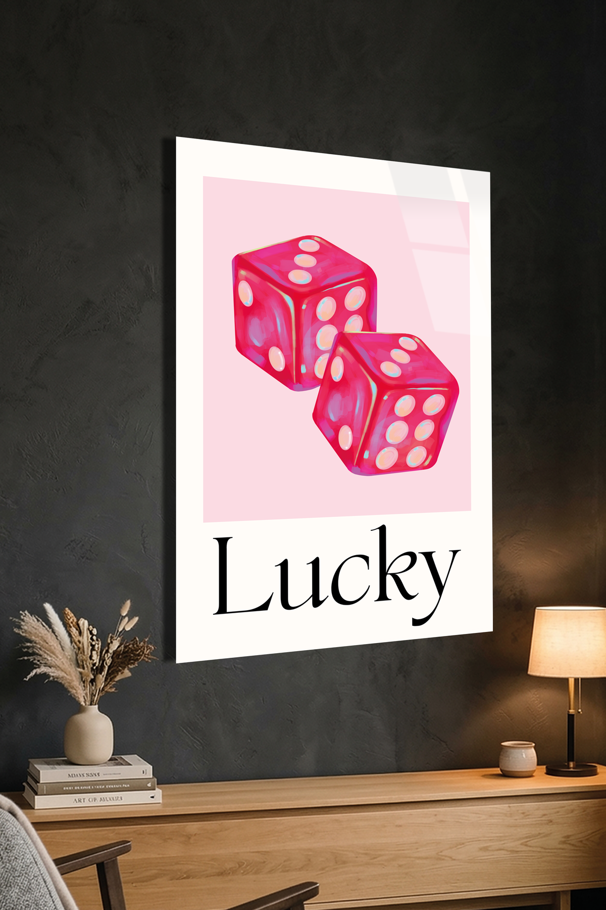 Pembe Şans Zarları "Lucky" Görselli Cam Tablo