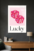 Pembe Şans Zarları "Lucky" Görselli Cam Tablo