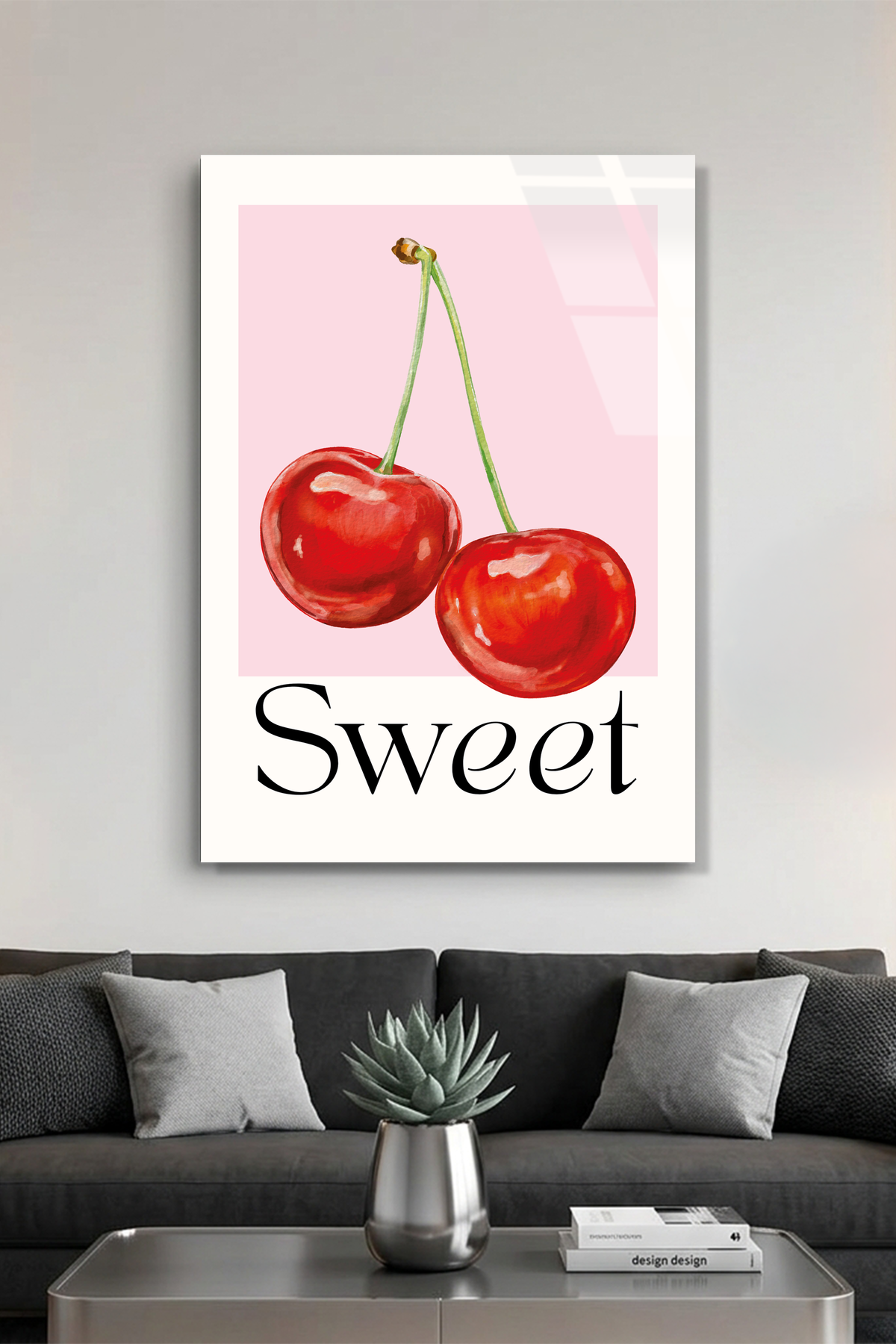 Pembe Zeminde İkili Kiraz Görselli "Sweet" Mutfak Cam Tablo