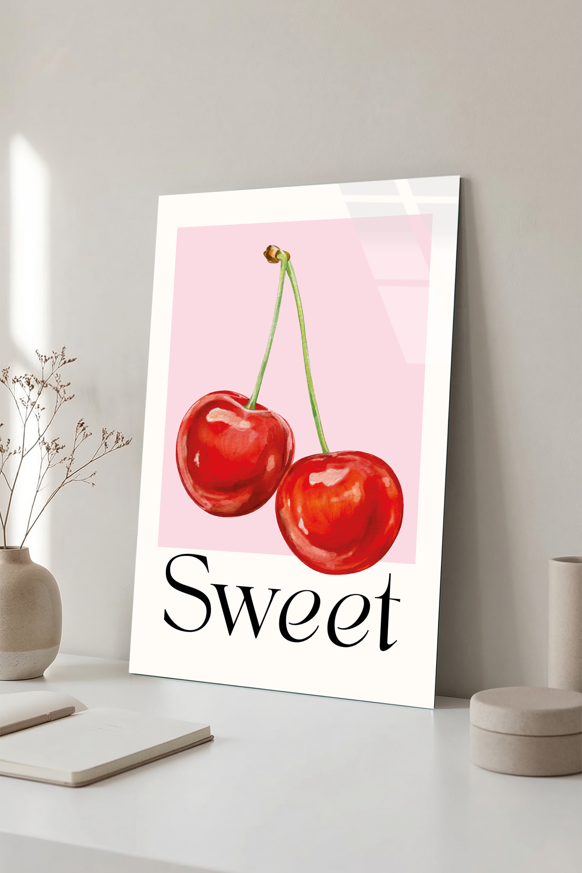 Pembe Zeminde İkili Kiraz Görselli "Sweet" Mutfak Cam Tablo