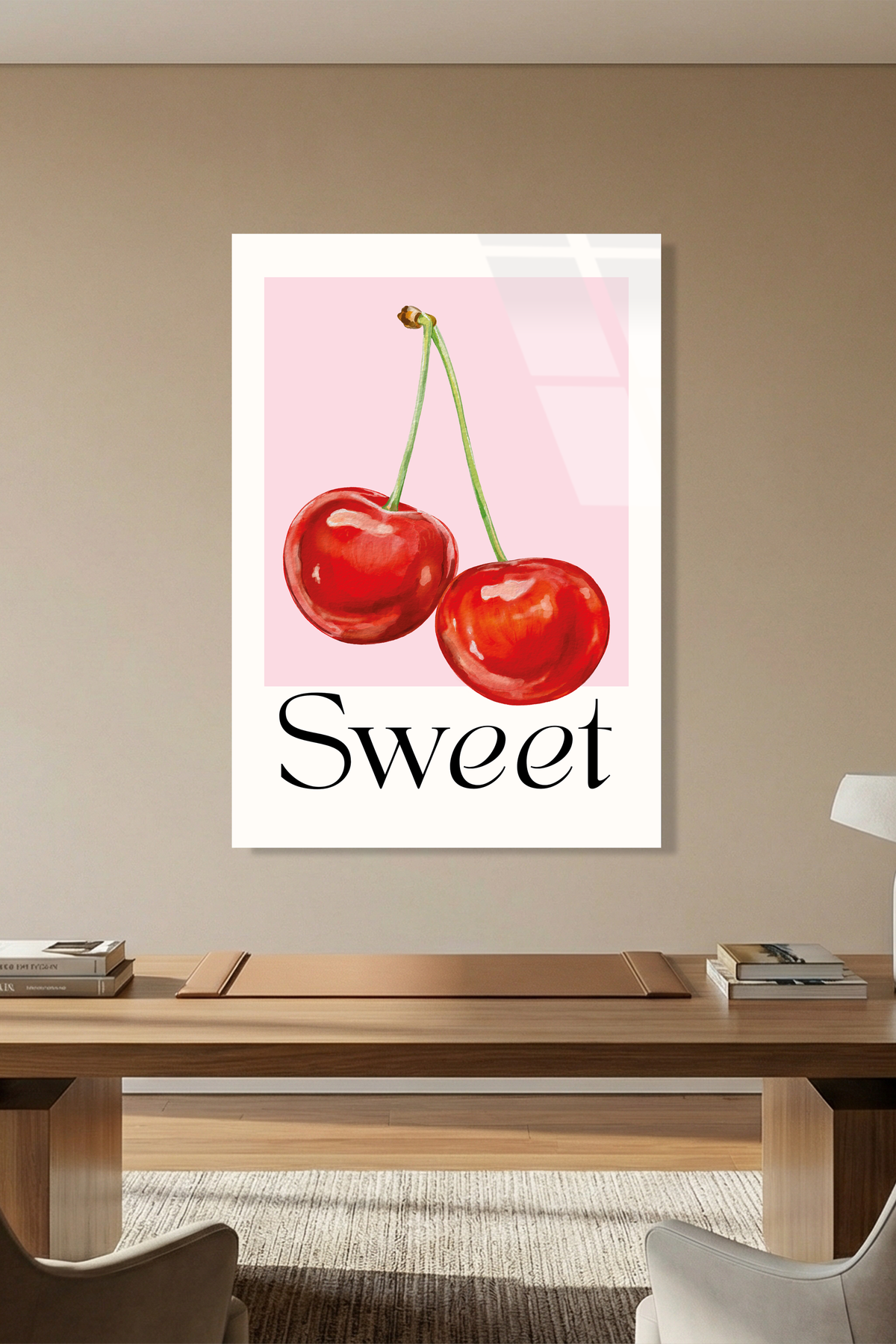 Pembe Zeminde İkili Kiraz Görselli "Sweet" Mutfak Cam Tablo