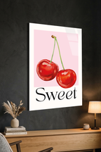 Pembe Zeminde İkili Kiraz Görselli "Sweet" Mutfak Cam Tablo