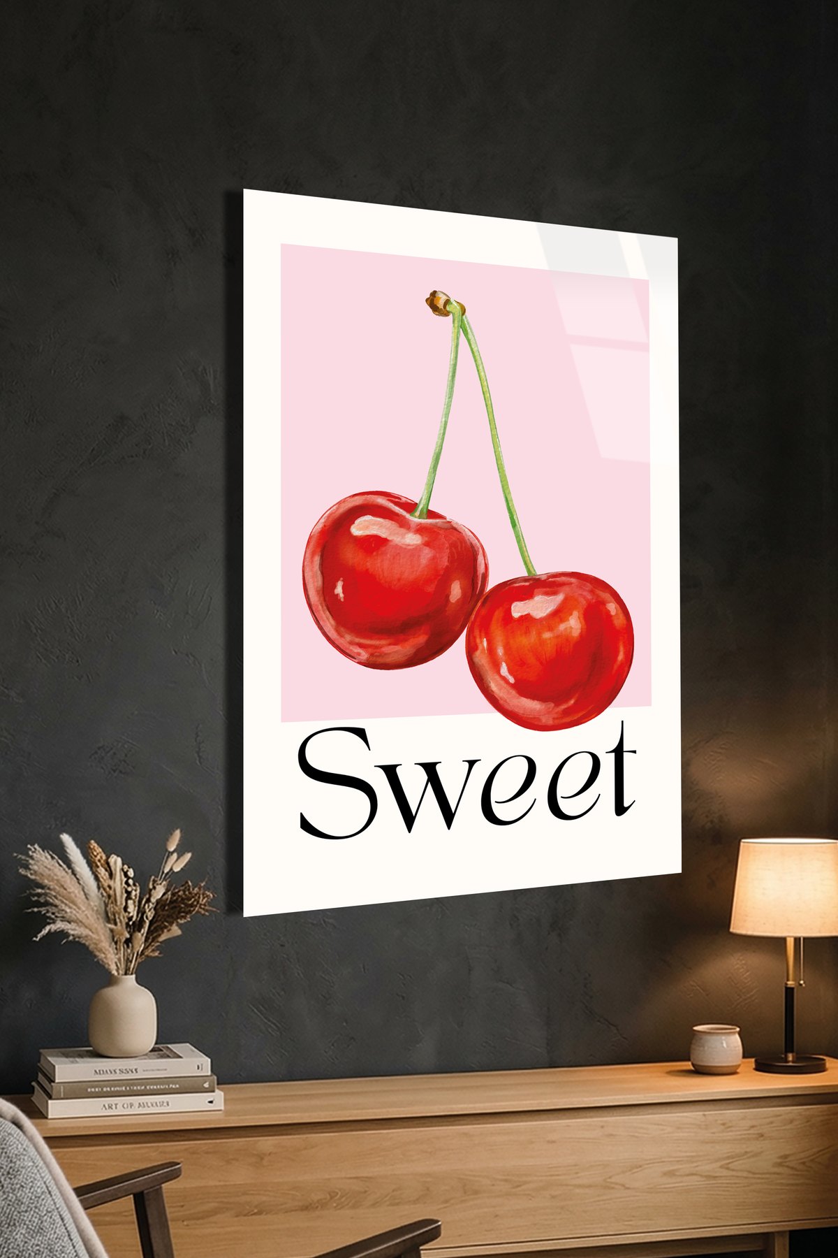 Pembe Zeminde İkili Kiraz Görselli "Sweet" Mutfak Cam Tablo