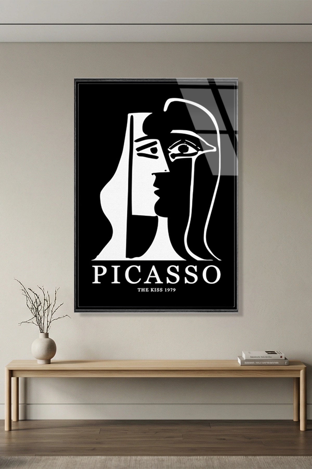 Picasso Tarzı Minimalist Siyah Beyaz Soyut Yüz Çizimi Cam Tablo