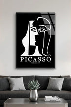 Picasso Tarzı Minimalist Siyah Beyaz Soyut Yüz Çizimi Cam Tablo