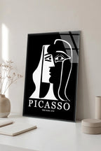 Picasso Tarzı Minimalist Siyah Beyaz Soyut Yüz Çizimi Cam Tablo