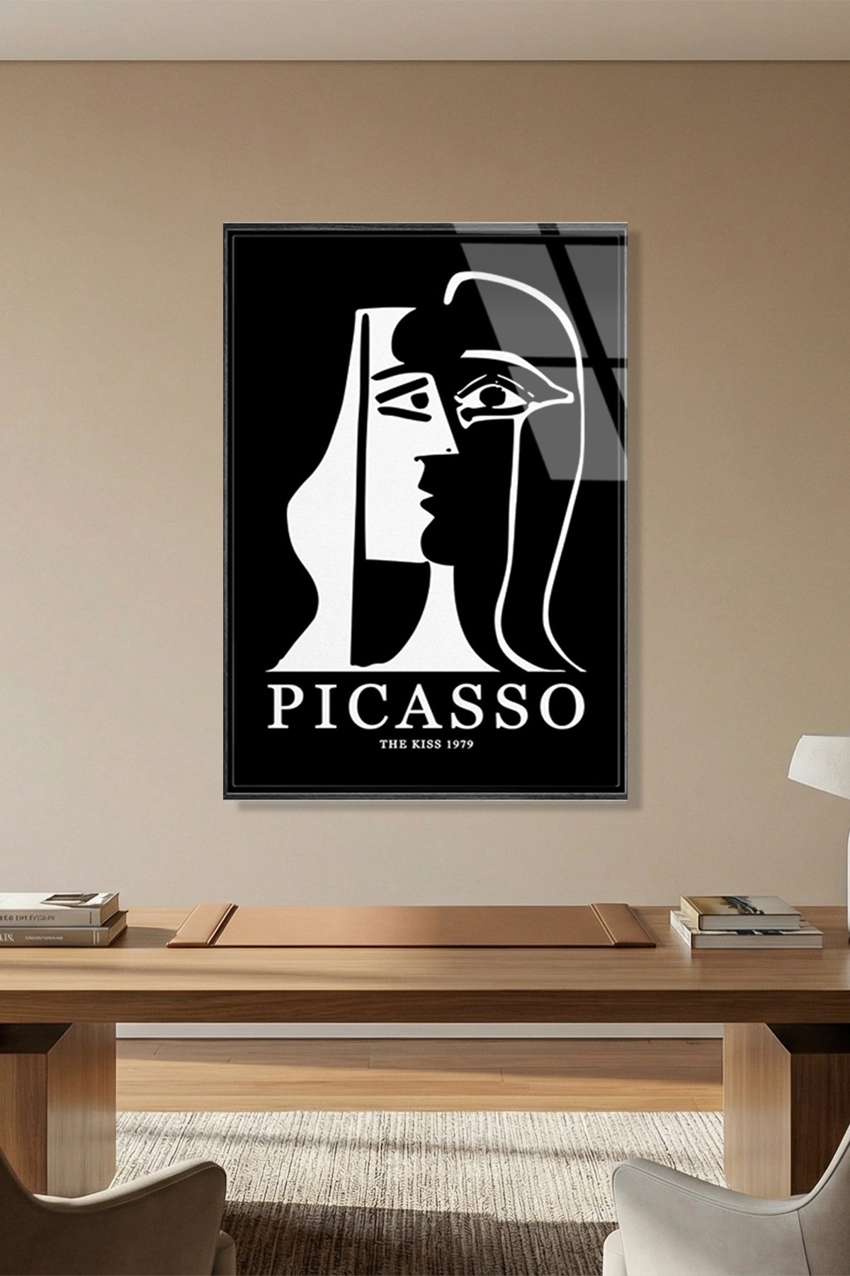 Picasso Tarzı Minimalist Siyah Beyaz Soyut Yüz Çizimi Cam Tablo