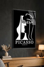 Picasso Tarzı Minimalist Siyah Beyaz Soyut Yüz Çizimi Cam Tablo