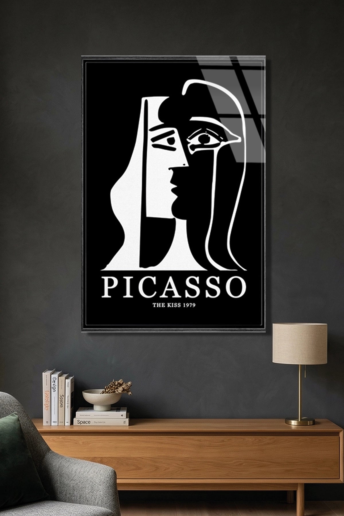 Picasso Tarzı Minimalist Siyah Beyaz Soyut Yüz Çizimi Cam Tablo