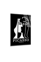 Picasso Tarzı Minimalist Siyah Beyaz Soyut Yüz Çizimi Cam Tablo