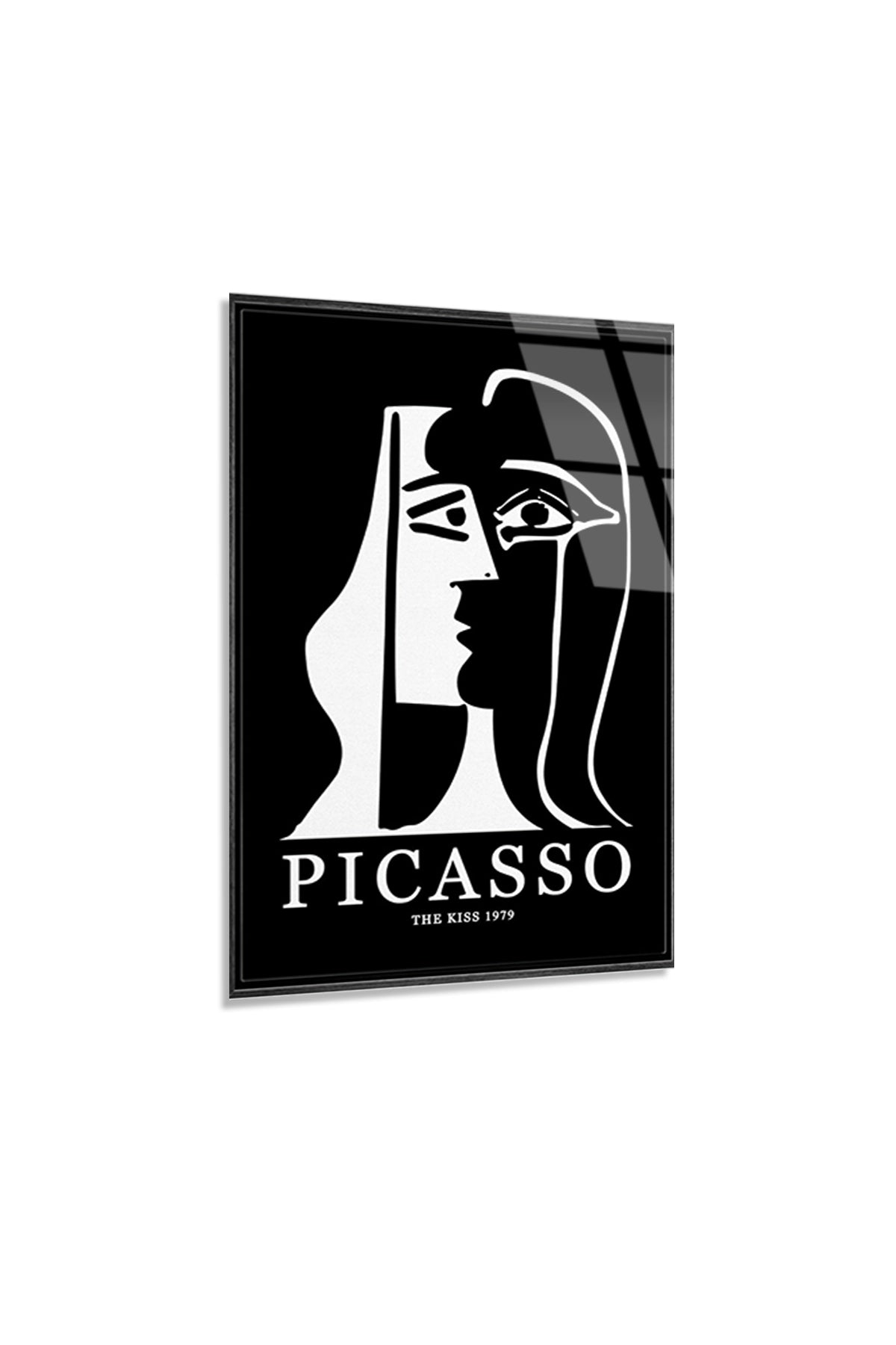 Picasso Tarzı Minimalist Siyah Beyaz Soyut Yüz Çizimi Cam Tablo