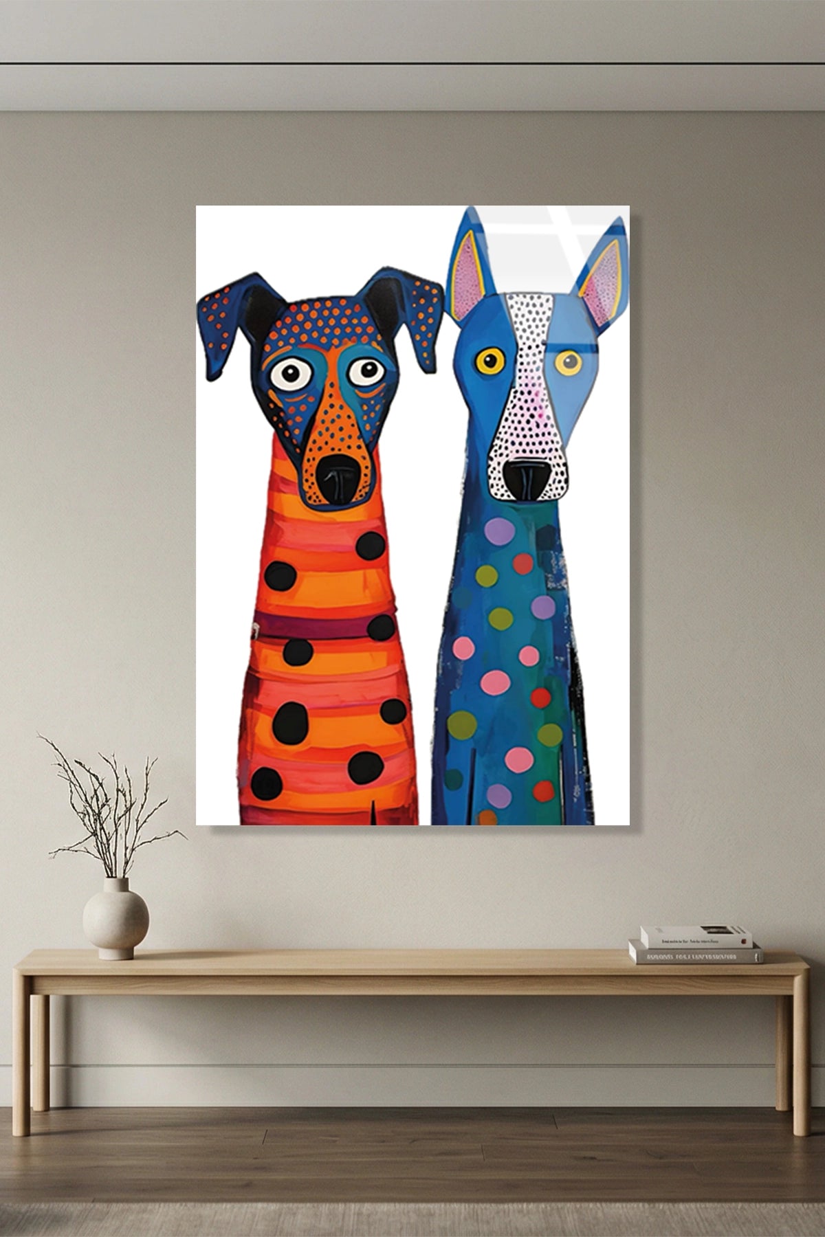 Pop Art Tarzı Renkli İki Benekli İki Köpek Figürü Cam Tablo