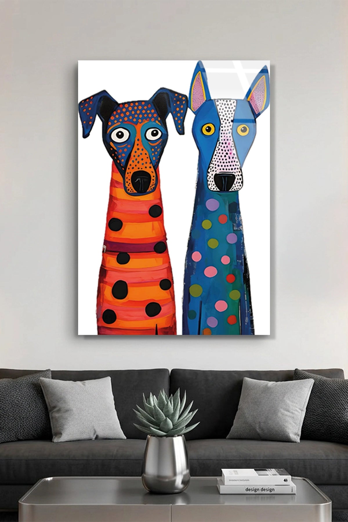 Pop Art Tarzı Renkli İki Benekli İki Köpek Figürü Cam Tablo