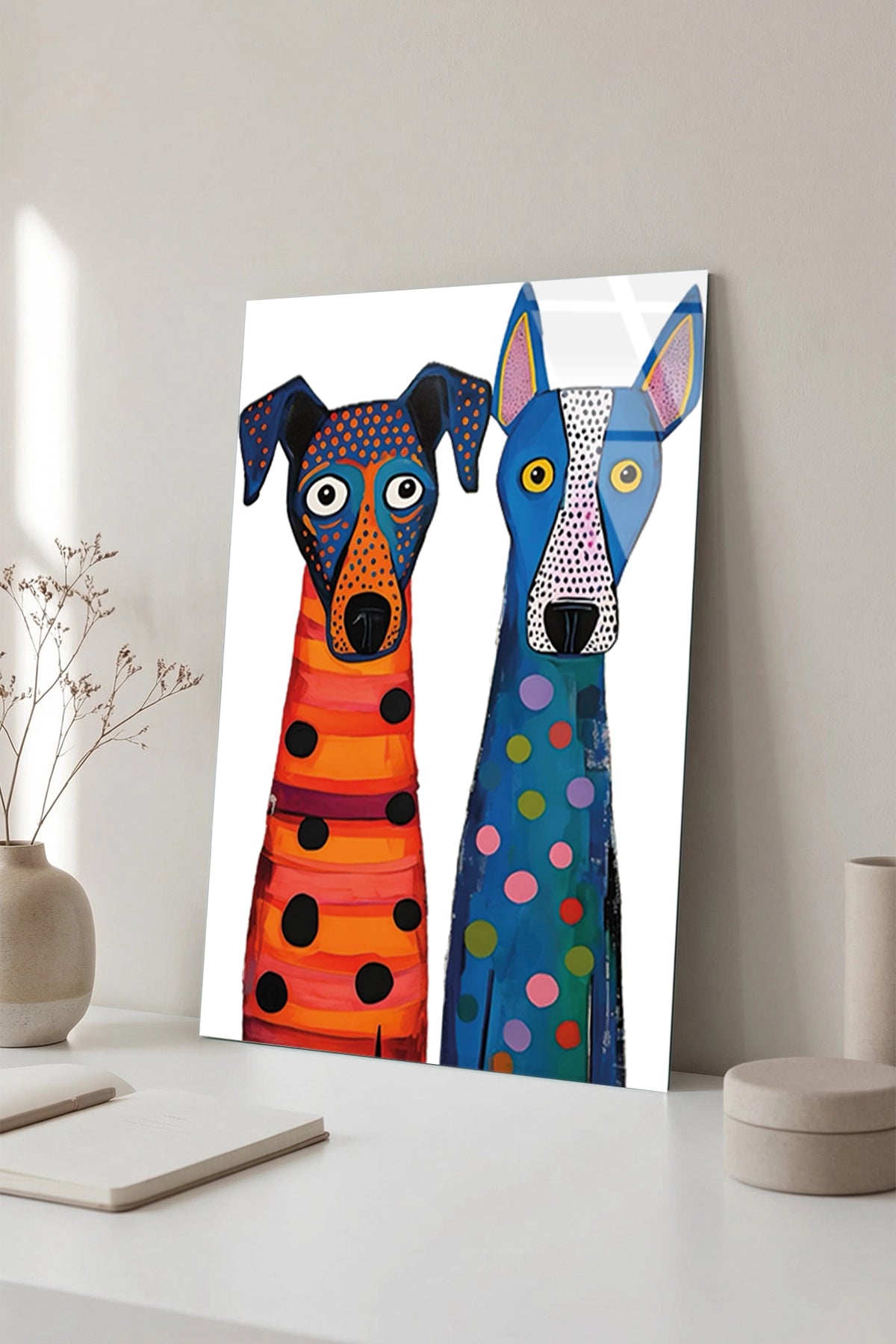 Pop Art Tarzı Renkli İki Benekli İki Köpek Figürü Cam Tablo