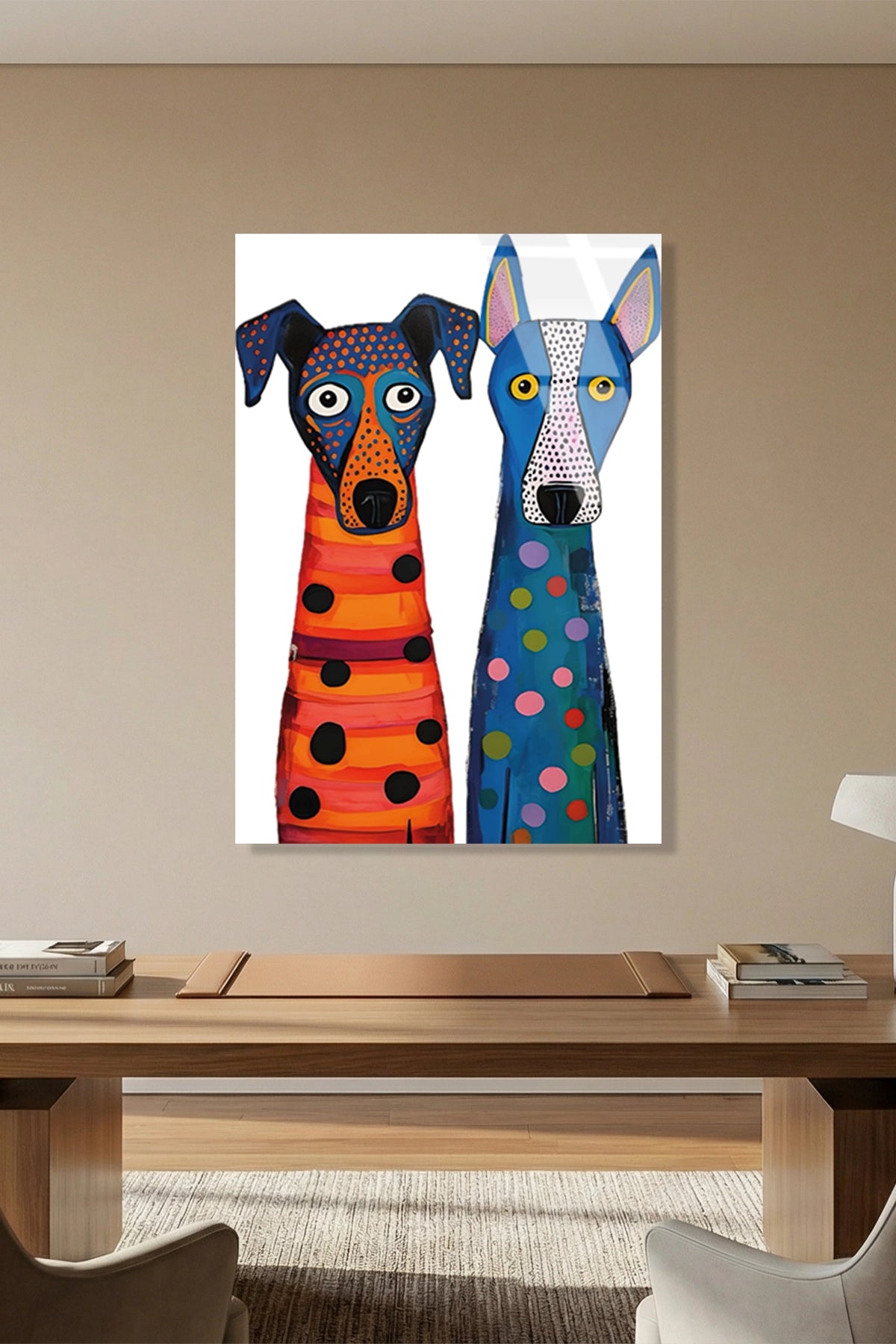 Pop Art Tarzı Renkli İki Benekli İki Köpek Figürü Cam Tablo