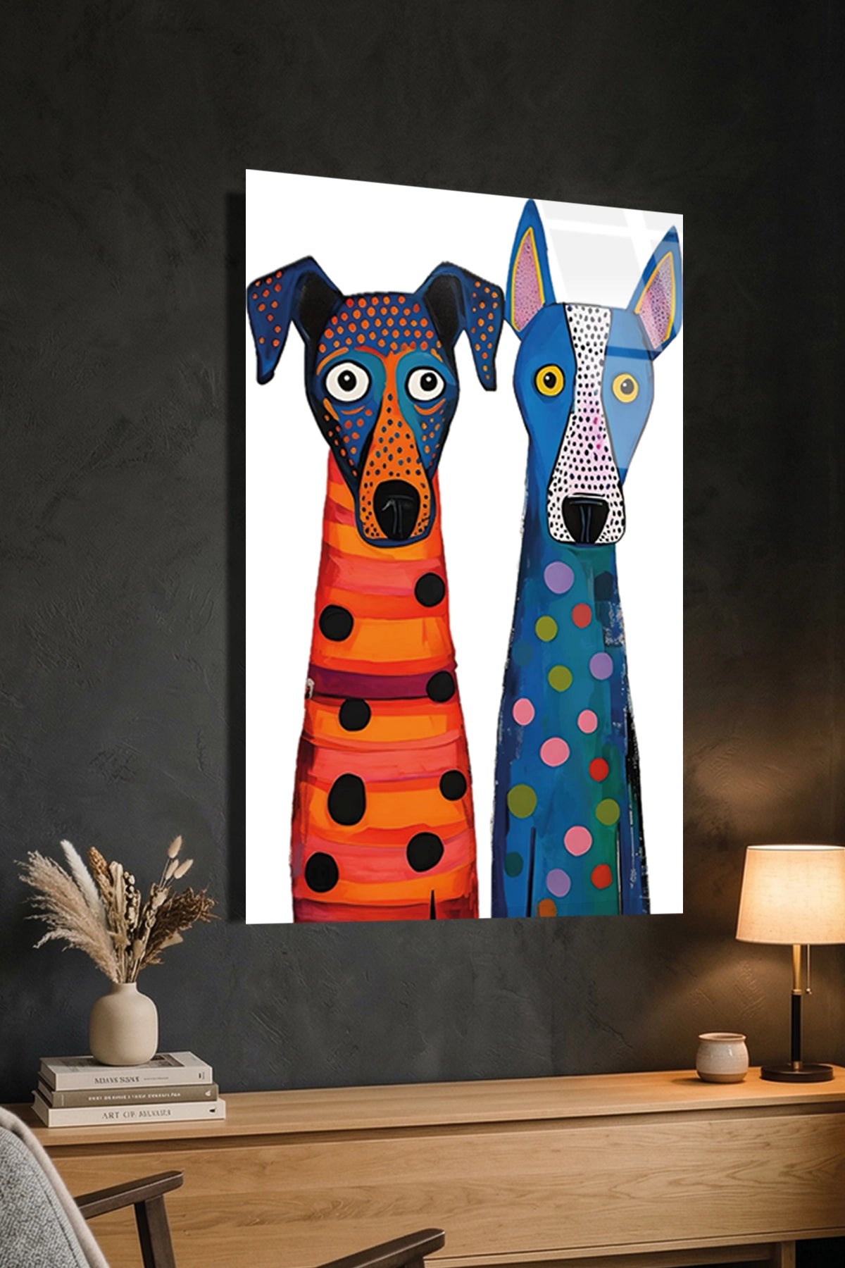 Pop Art Tarzı Renkli İki Benekli İki Köpek Figürü Cam Tablo