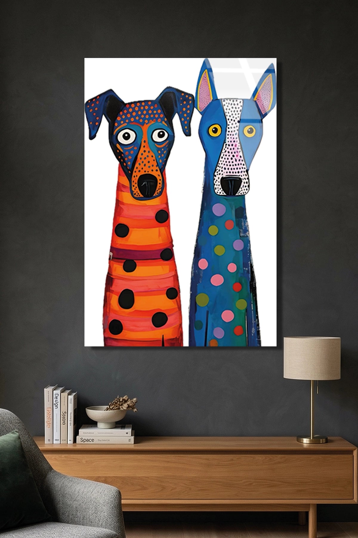 Pop Art Tarzı Renkli İki Benekli İki Köpek Figürü Cam Tablo
